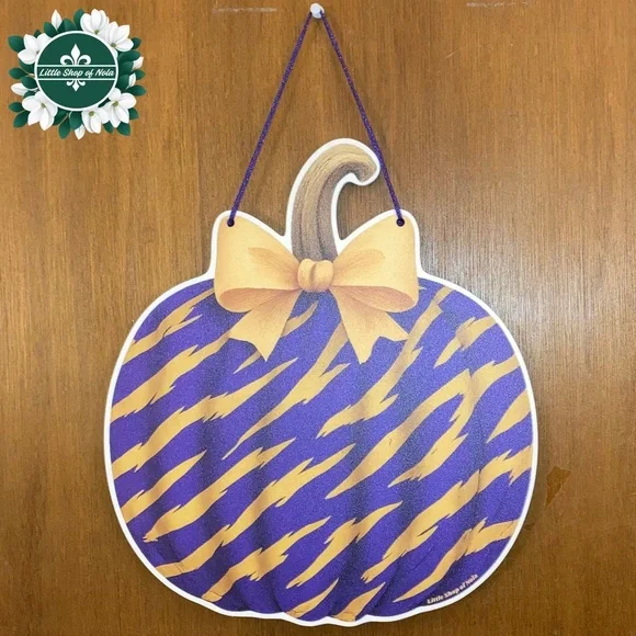 Purple Gold Tiger Stripes Pumpkin Louisiana Wall Art Decor Fall Door Hanger Sign - Picture 17 of 17